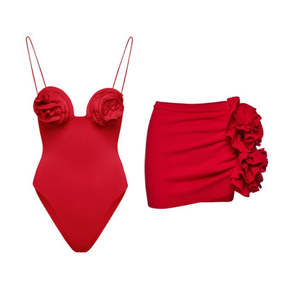 Red Flower Decorated Bodysuit and Mini Skirt Set