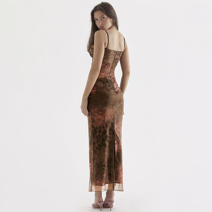 Floral Print Brown Bodycon Dress