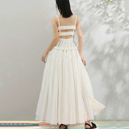 White Puff Hollow Out Pleated Big Hem Dress