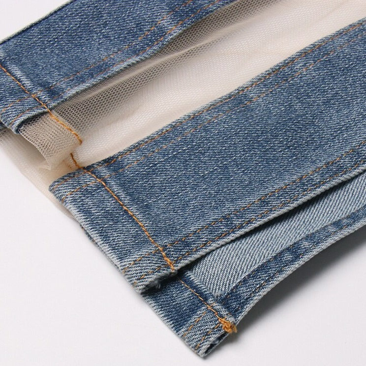 Denim Patchwork Mesh and Blue High Waist Slit Slim Jeans