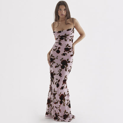 Lace Up Backless Floral Printing Bodycon Maxi Dress
