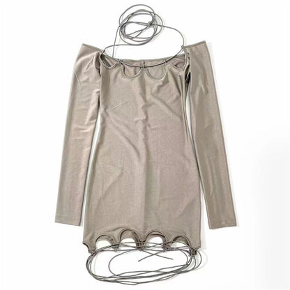 Lace Up Off Shoulder Khaki Mini Dress