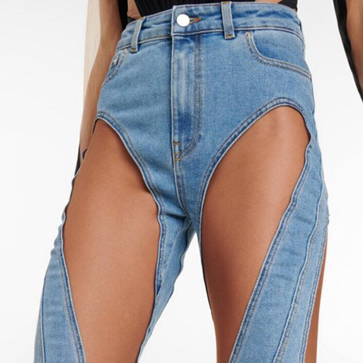Denim Patchwork Mesh and Blue High Waist Slit Slim Jeans