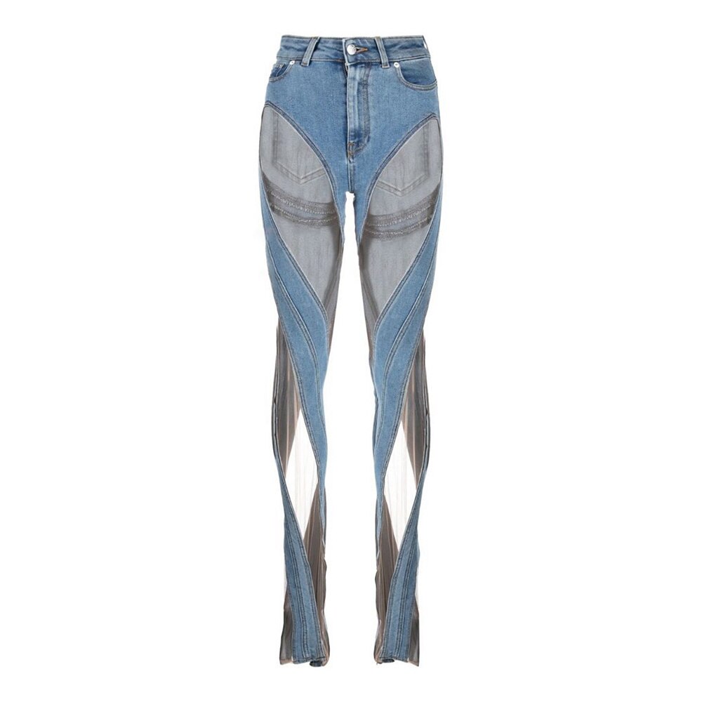 Denim Patchwork Mesh and Blue High Waist Slit Slim Jeans