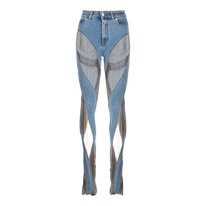 Denim Patchwork Mesh and Blue High Waist Slit Slim Jeans