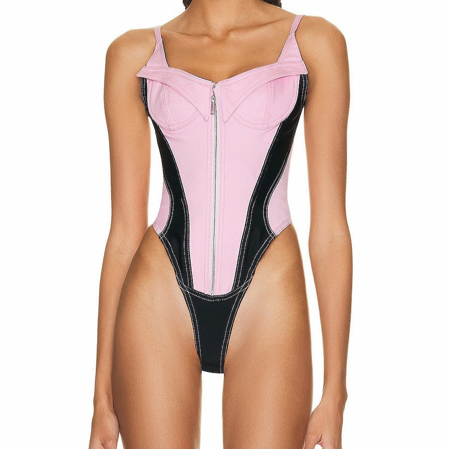 Pink Denim Patchwork Lace Up Zipper Bodysuit
