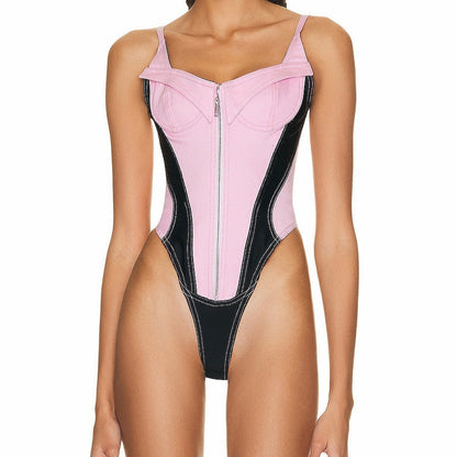 Pink Denim Patchwork Lace Up Zipper Bodysuit