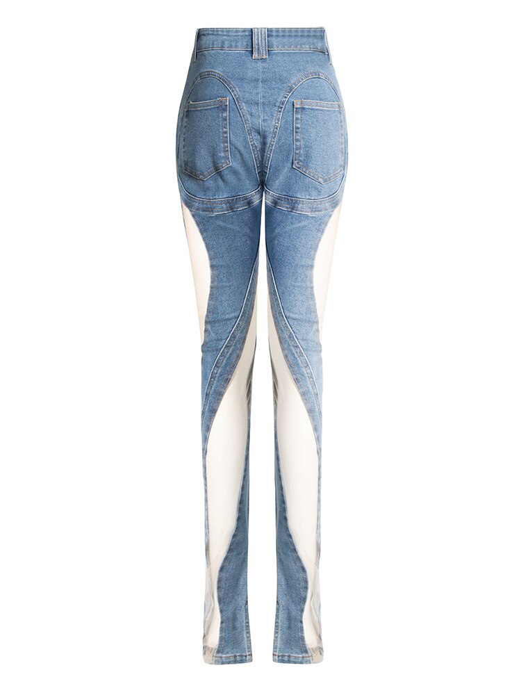 Denim Patchwork Mesh and Blue High Waist Slit Slim Jeans