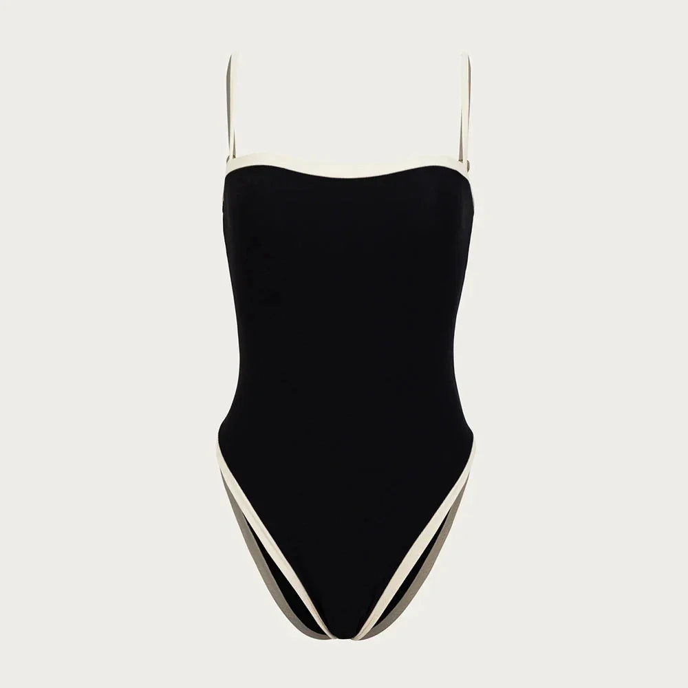 black and white one-piece swimsuit, brazilian cut swimwear, minimalist swimsuit for women, summer beachwear, luxury swim fashion