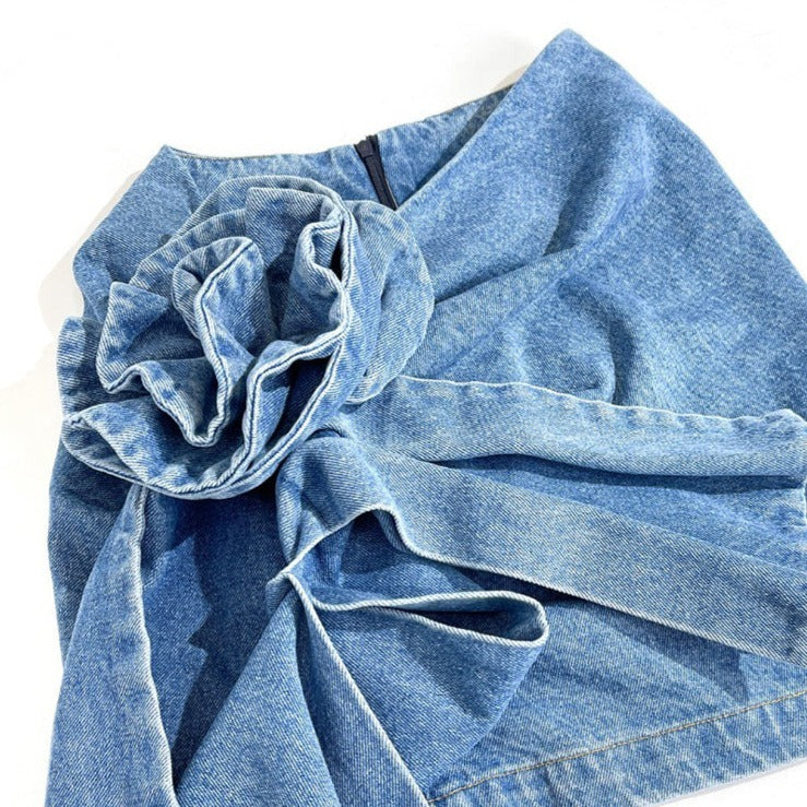 Flower Decorated Denim Mini Skirt