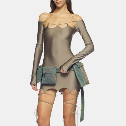 Lace Up Off Shoulder Khaki Mini Dress