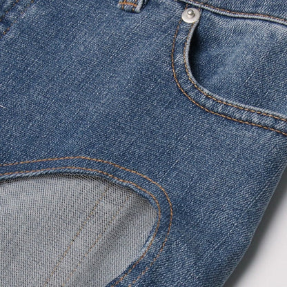Denim Patchwork Mesh and Blue High Waist Slit Slim Jeans