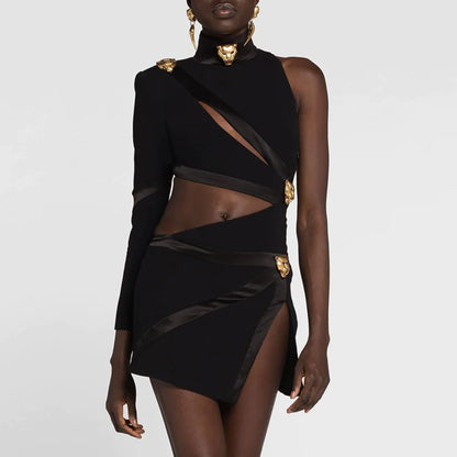 Black One Shoulder Hollow Out Side Slit Mini Dress
