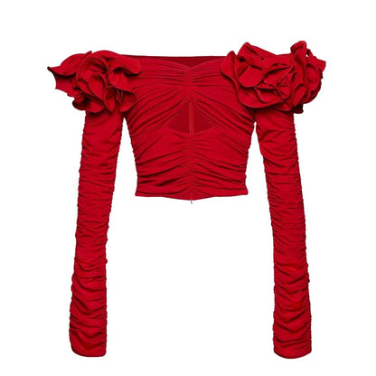 Red Flower Decorated Long Sleeve Off Shoulder Hollow Out Ruched Blouse