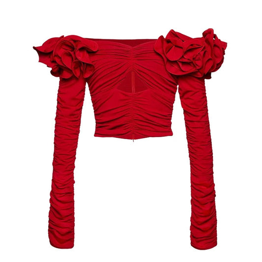 Red Flower Decorated Long Sleeve Off Shoulder Hollow Out Ruched Blouse