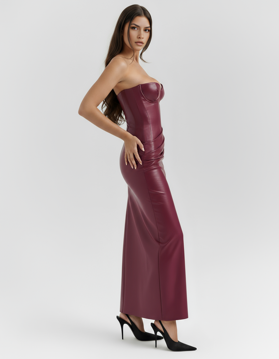 Burgundy Strapless Lace-Up Maxi Dress – Vegan Leather Bodycon Evening Gown for Women