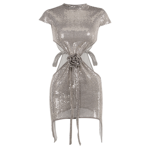 Silver Glitter Rose Bow Side Hollow Out Mini Dress
