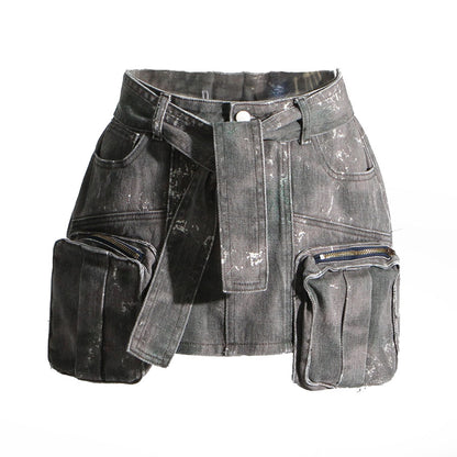 Grey Denim Pockets High Waist Skirt