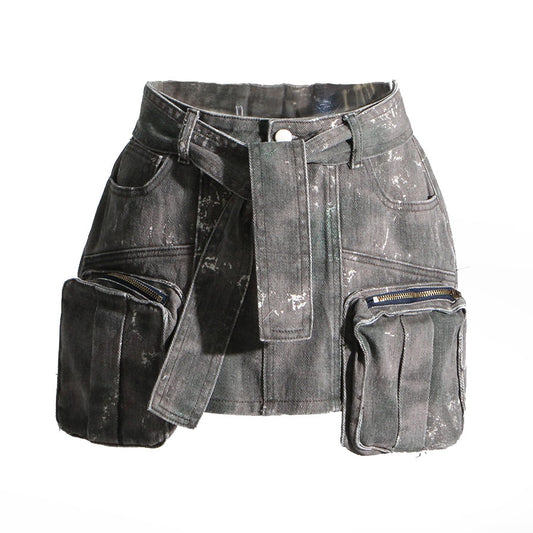 Grey Denim Pockets High Waist Skirt