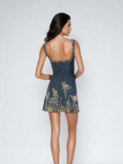 Blue Glitter Print Sequins Mini Dress