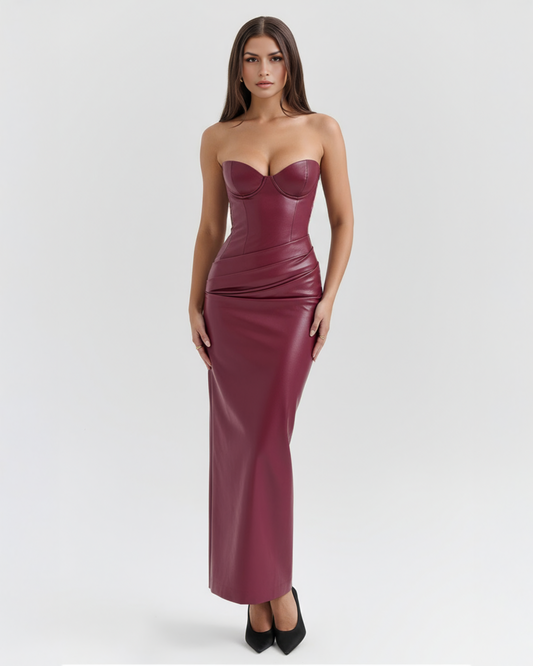 Burgundy Strapless Lace-Up Maxi Dress – Vegan Leather Bodycon Evening Gown for Women