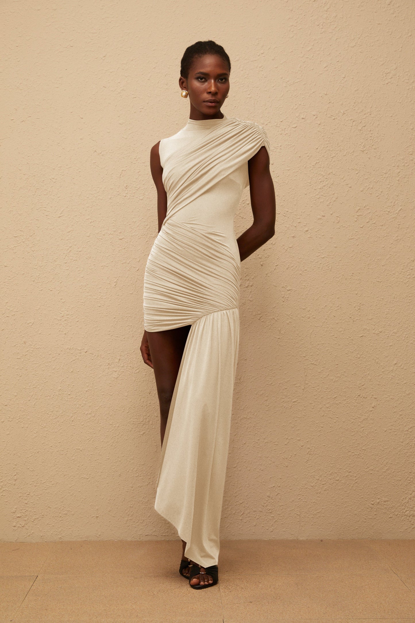 Fée Neutral Asymmetrical Ruched Mini Dress