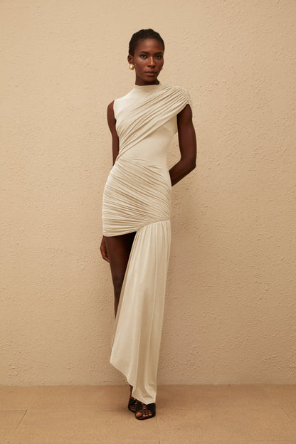 Fée Neutral Asymmetrical Ruched Mini Dress