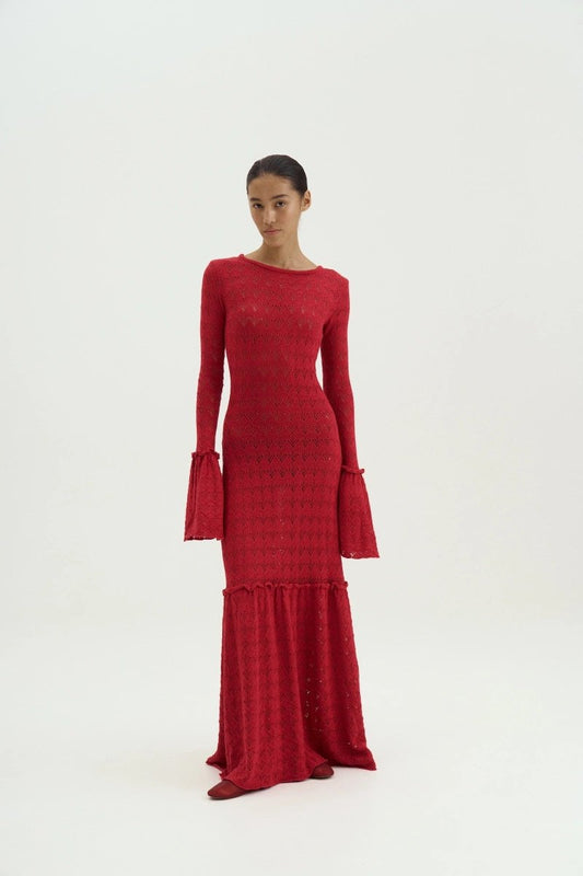 Anna Round Neck Flared Cuff Knitted Maxi Dress-Sunfere