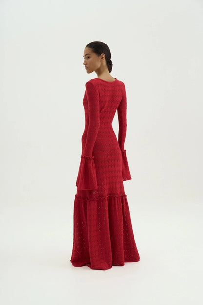 Anna Round Neck Flared Cuff Knitted Maxi Dress-Sunfere