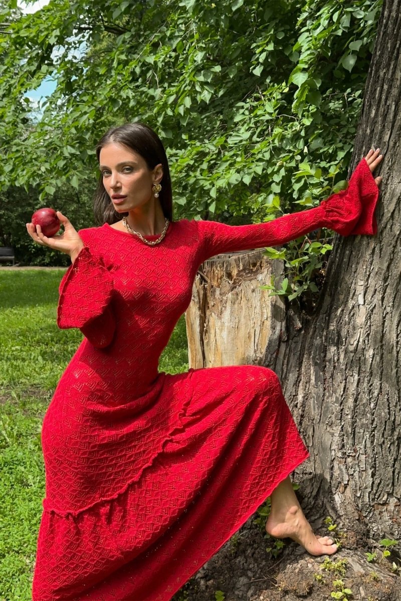 Anna Round Neck Flared Cuff Knitted Maxi Dress-Sunfere