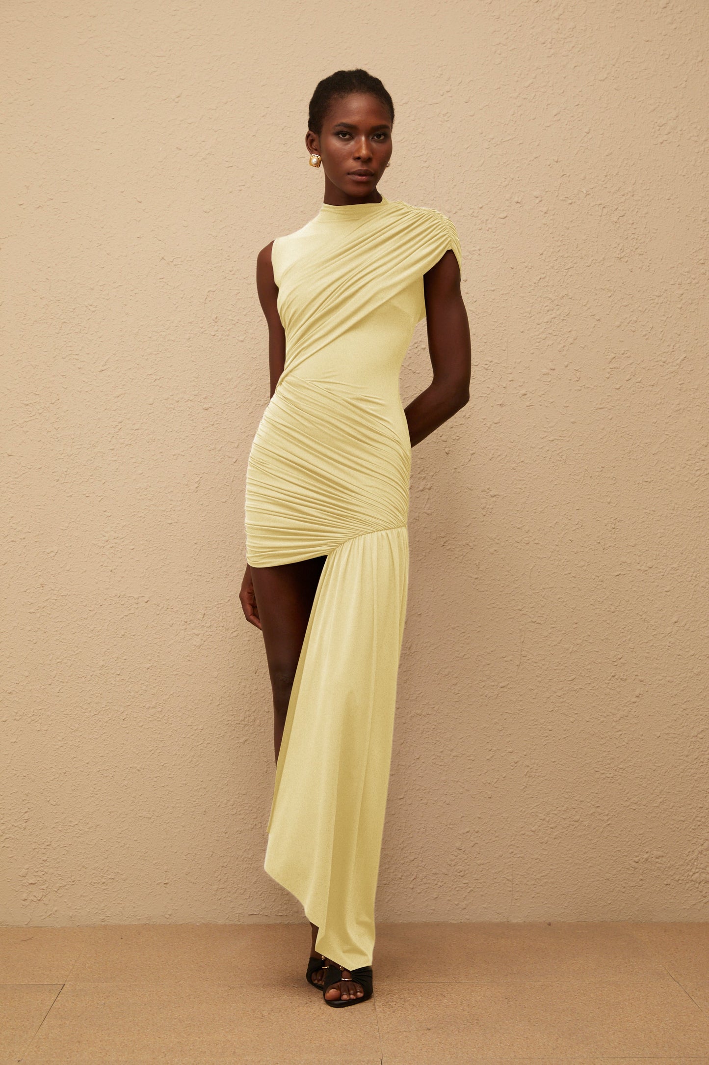 Fée Yellow Asymmetrical Ruched Mini Dress