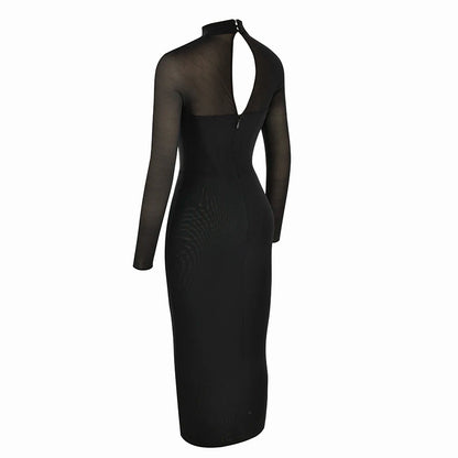 White and Black Midi Dress with Mesh Long Sleeves and Corset