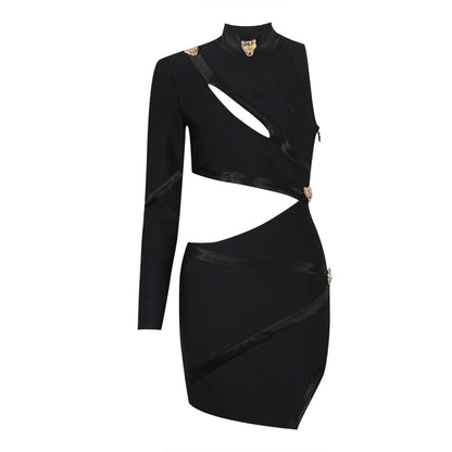 Black One Shoulder Hollow Out Side Slit Mini Dress