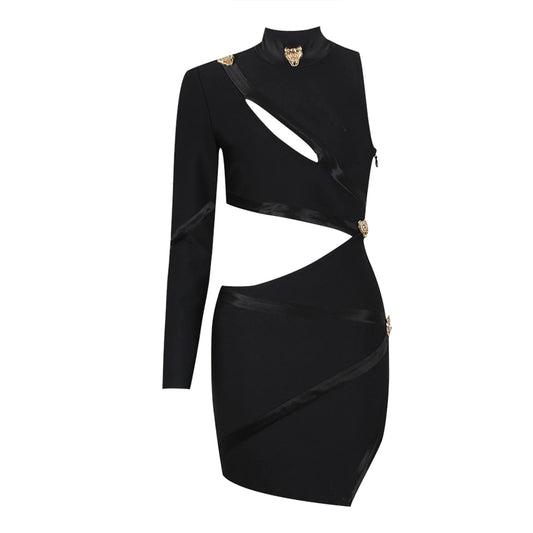 Black One Shoulder Hollow Out Side Slit Mini Dress