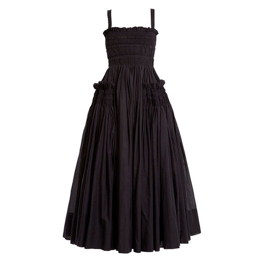Black Puff Hollow Out Pleated Big Hem Dress