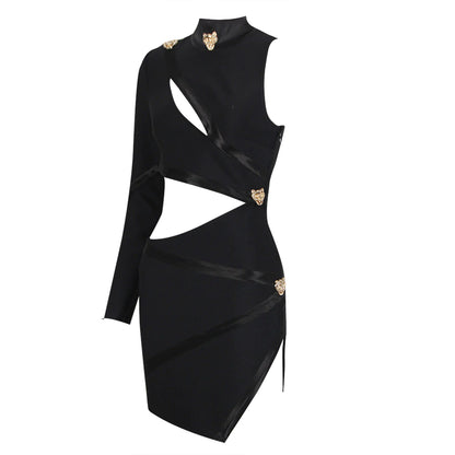 Black One Shoulder Hollow Out Side Slit Mini Dress