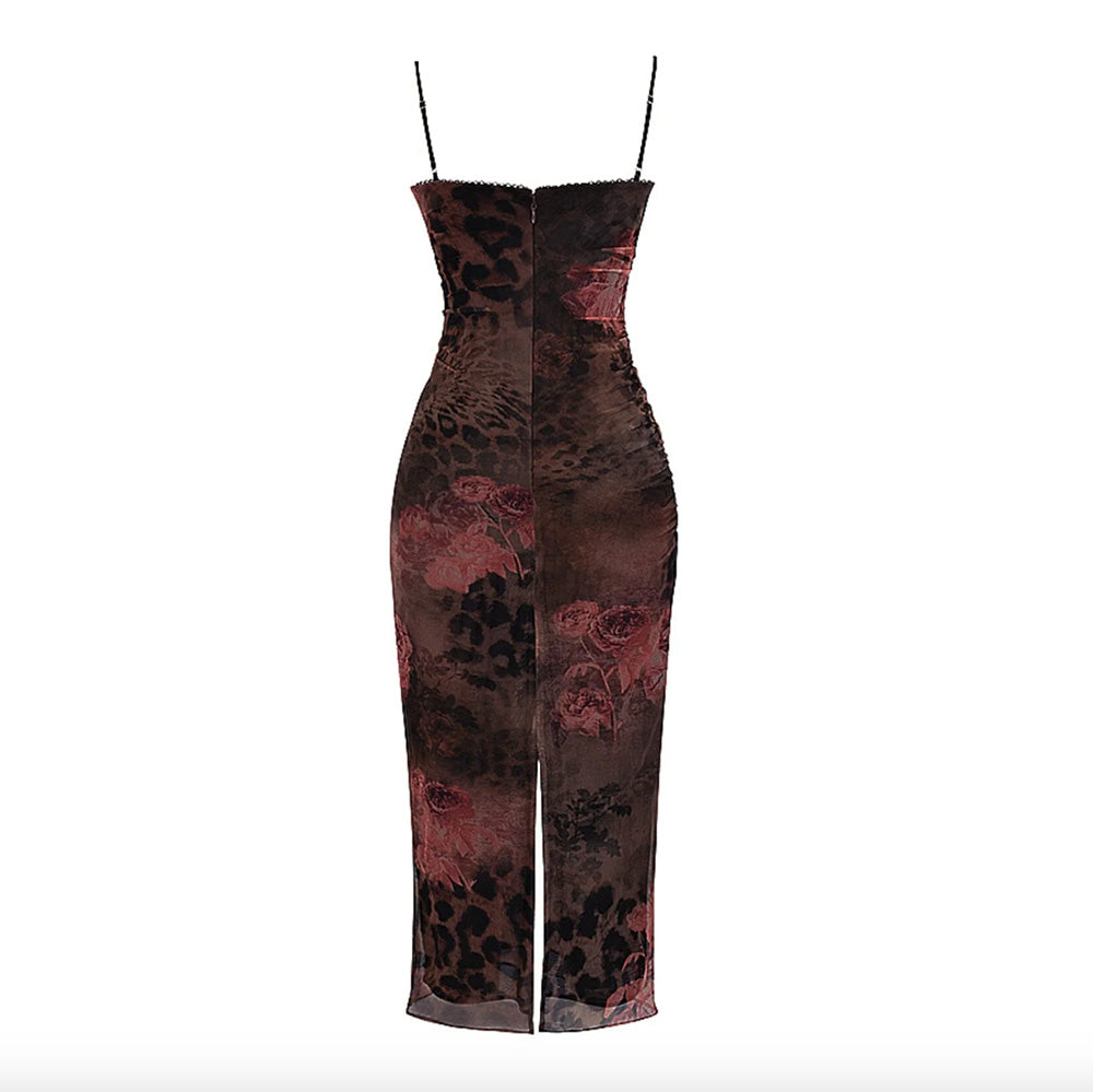Floral Print Brown Bodycon Dress