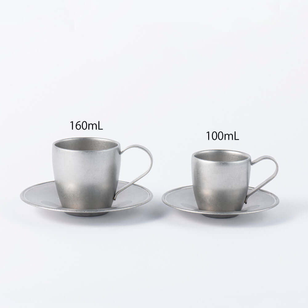Vintage INOX stainless steel cup and saucer set 100ml with 12cm spoon, Japan-made, dishwasher safe.