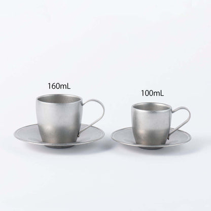 Vintage INOX stainless steel cup and saucer set 100ml with 12cm spoon, Japan-made, dishwasher safe.
