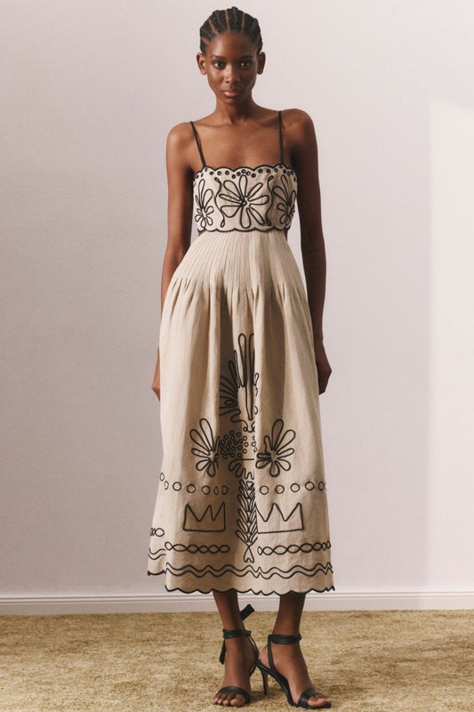 dresses - Caroline Abstract Embroidery Cotton Midi Dress - SD00708093331 - Beige - S - Sunfere