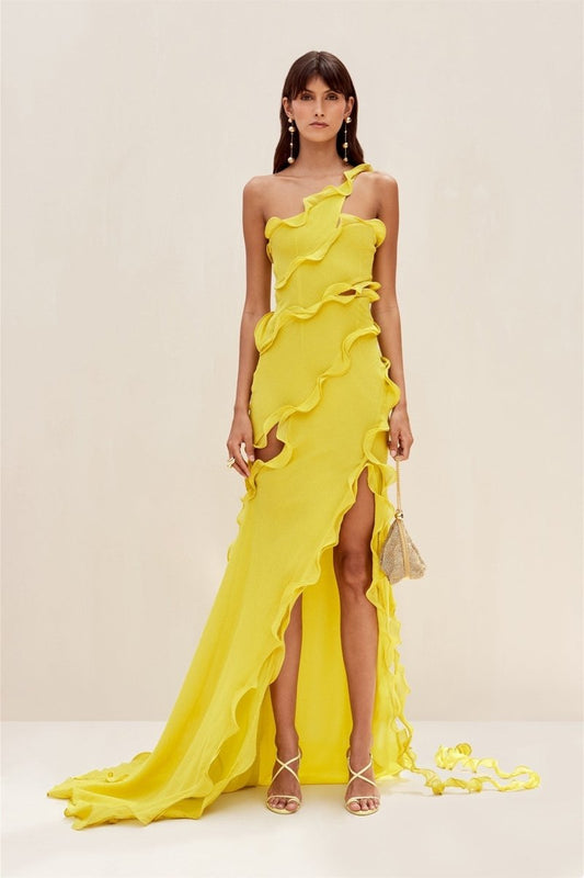 dresses - Gloria One Shoulder Ruffle Maxi Chiffon Dress - SD00708153385 - Yellow - S - Sunfere