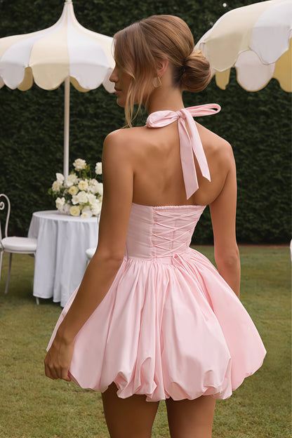 Anaelle Pink Shirred Puffball Mini Dress