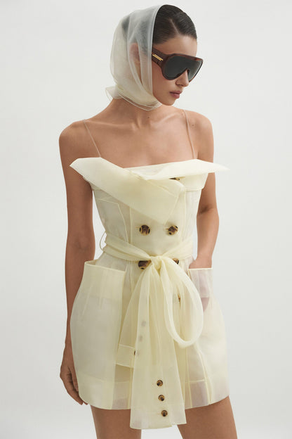 Polliana White Double Breasted Organza Mini Dress