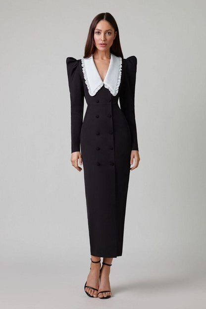 dresses-Kathy Peter Pan Collar V-neck Midi Dress-SD00601242194-Black-S - Sunfere
