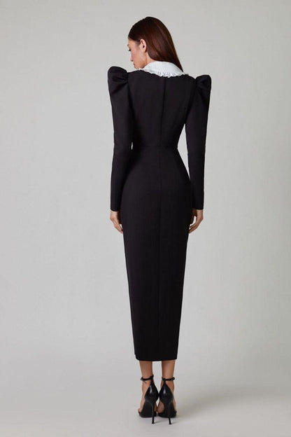 dresses-Kathy Peter Pan Collar V-neck Midi Dress-SD00601242194-Black-S - Sunfere
