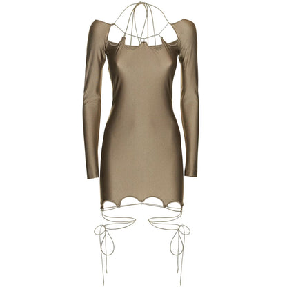 Lace Up Off Shoulder Khaki Mini Dress