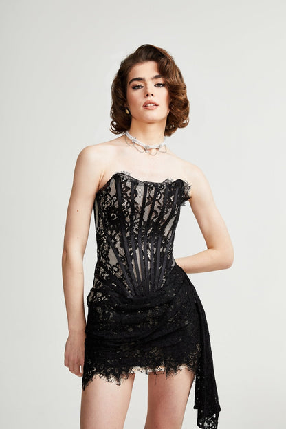 Kylitha black lace ribbon mini dress
