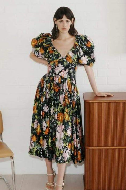 dresses-Megan Printed V-neck Puff Sleeve Midi Dress-SD00604292745-Black-S - Sunfere