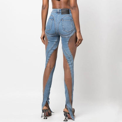 Denim Patchwork Mesh and Blue High Waist Slit Slim Jeans