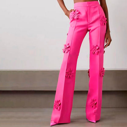High Waisted 3D Flowers Pink Pants